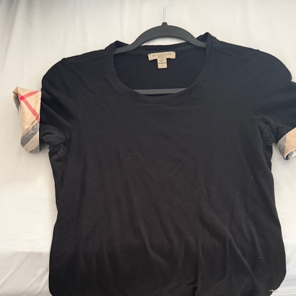 Burberry Black Short Sleeve Tee with Plaid Accents